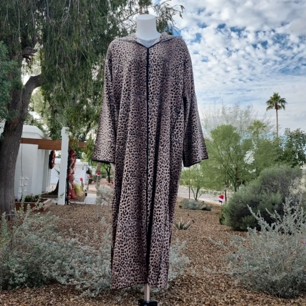 VINTAGE HANDMADE Moroccan Kaftan XL 1X 2X Leopard Hooded Abaya Boho Luxe Robe - Picture 16 of 17